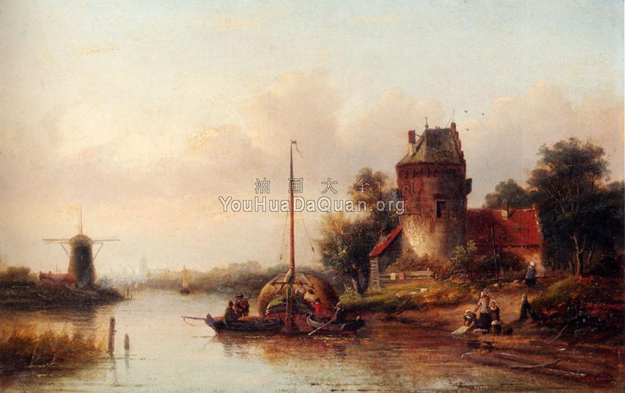 A River Landscape In Summer With A Moored Haybarge By A Fortified Farmhouse - 扬·雅各布·柯恩拉德·施普勒